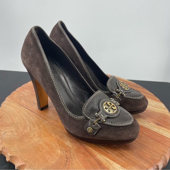 Tory Burch Shoes - Tory Burch Brown Joan Loafer Suede heels Pumps 7.5 buckle loafers logo